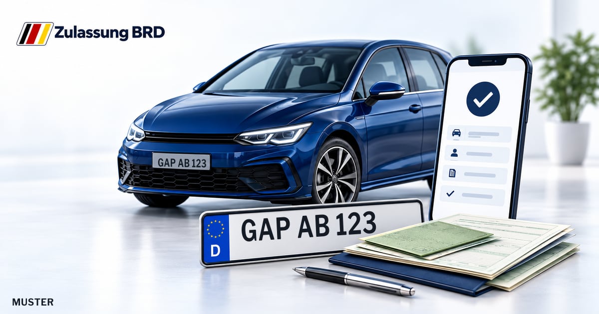 Online Fahrzeugzulassung in Landkreis Garmisch-Partenkirchen: Musterkennzeichen GAP AB 123, Auto und Fahrzeugpapiere und Smartphone. Illustration mit Logo von Zulassung BRD.